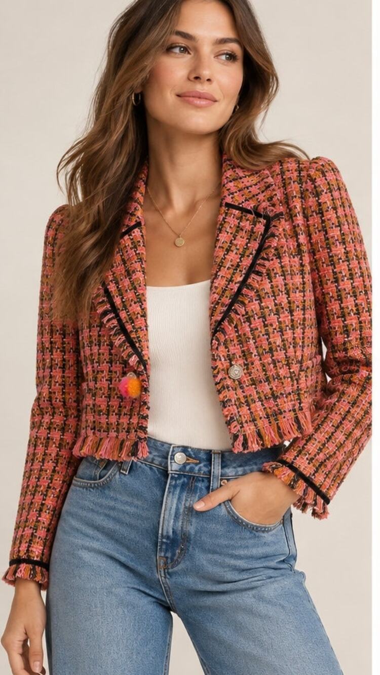 Maeve Anthropologie Tweed Cropped Blazer Pink Gold Size 4